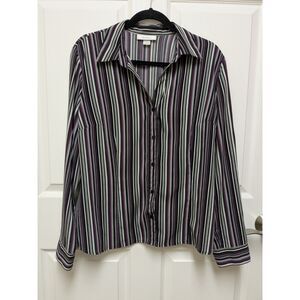 Dressbarn XL Striped Button-Down Blouse - Purple Black White - 90s/Y2K Era